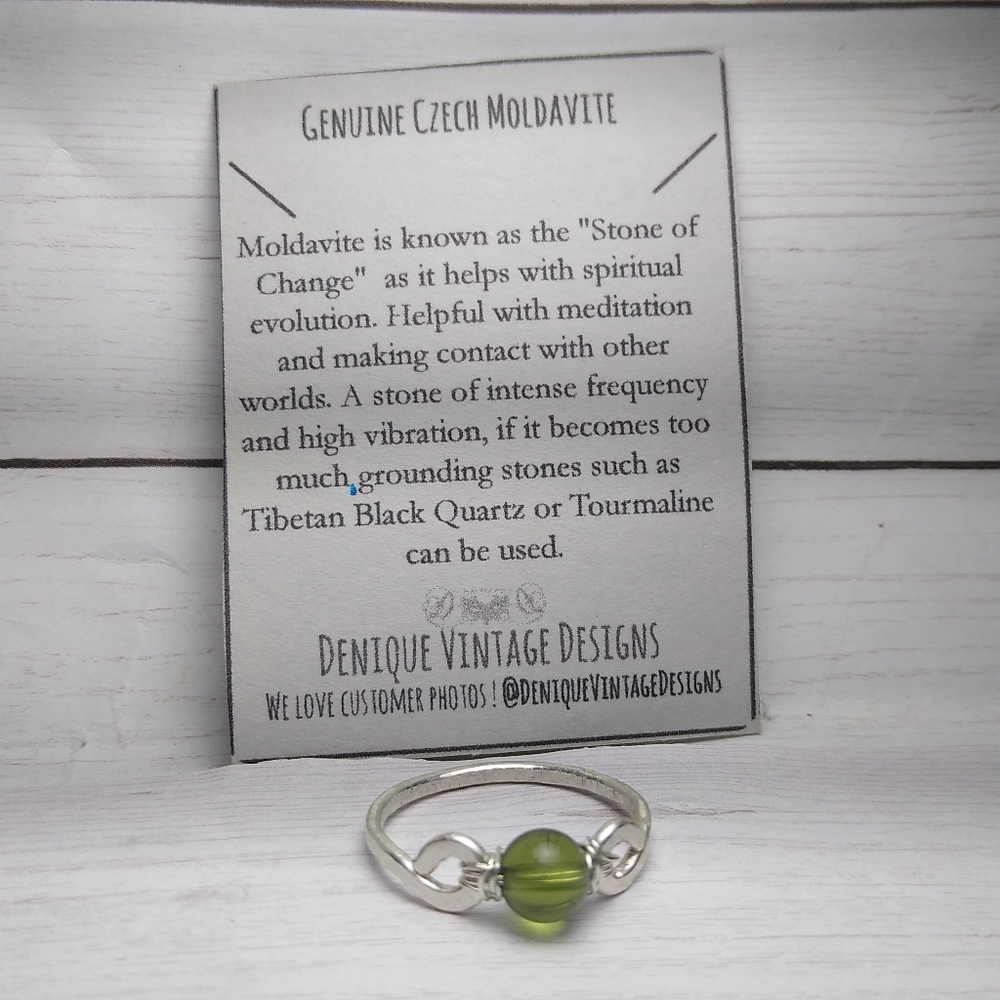 Sterling Silver Real Moldavite 6mm Bead Ring